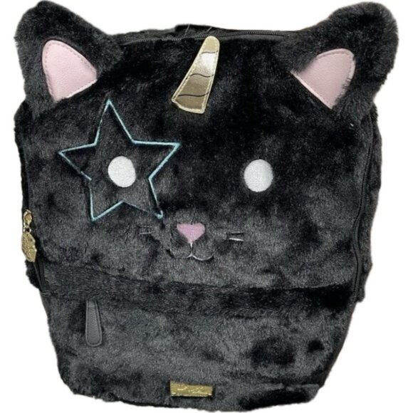 Betsey Johnson Logo Black Cat Unicorn Face Fur & Faux Leather Laptop Backpack - Picture 2 of 5